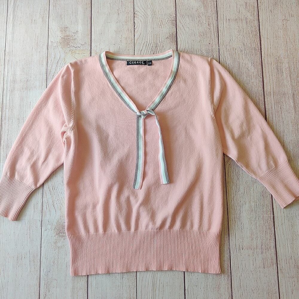 George retro pink cotton blend V-neck 3/4 sleeve sweater L
